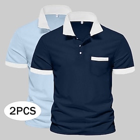 Men's Polo Shirts Golf Shirt Casual Business Lapel Short Sleeve Color Block Pocket 2 Piece Summer All Seasons Regular Blue and White Gray / Red Blue  Gray Blue