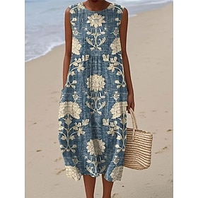 Per donna Abito Midi Abito a Tubino Vestito Estivo Vacanza Casual Boho Spiaggia Feste Floreale Grafico Senza Maniche Girocollo Blu Nero verde Blu bian