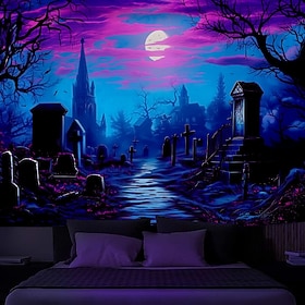 Halloween Blacklight Wall Tapestry – UV Reactive Haunted Window View Neon Colors Spooky Night Scene, Glow in the Dark Gothic Backdrop for 2026 Halloween Bedroo
