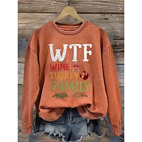 Women's Casual Wtf Wine Turkey Family Print Hoodies Letter Casual Long Sleeve Round Neck Regular Tops Work White Orange Green Gray Fall Winter