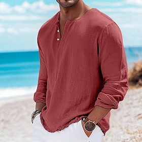 Men's Henley Shirt Tee Henley Top Linen T-Shirt Long Sleeve Solid Color Plain Solid Fashion Designer Casual Color Block Buttons Henley Casual Daily Outdoor Sum
