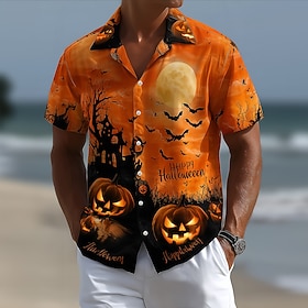 Halloween Men's Pumpkin Cemetery Costumes Shirt Cuban Collar Shirt Button Up Shirt Short Sleeve Dark Punk Gothic Style Holiday Streetwear Summer Camp Collar Sh