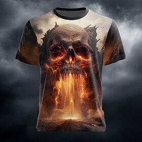 Halloween Men's Skull Optical Illusion 3D T Shirt Short Sleeve T shirt 3D Print Crew Neck Shirt Exaggerated Designer Horror Party Street Holiday Blue Orange Gr