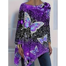 Women's T Shirt Print Asymmetrical Graphic Geometric Butterfly Vintage Stylish Casual Long Sleeve Crew Neck Long Tops Daily Yellow Purple Green Spring Fall