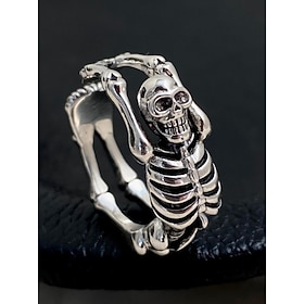 Women's Halloween Skeleton Hug Ring — Adjustable Open Wrap Band, Silver-Tone Alloy Gothic Punk Skull Bones Design, Statement Jewelry for Costume Parties, Cosp
