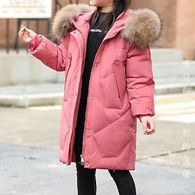 Kids Girls' Down Coat Solid Color Fashion Fur Trim Zipper Pocket School Cotton Coat Outerwear 4-12 Years Winter Black Pink Red