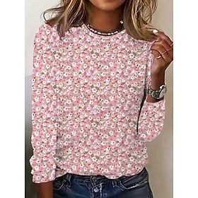 Women's T shirt Crew Neck Long Sleeve Tunic Graphic Geometric Striped Vintage Stylish Round Neck Regular Tops Daily Print White Pink Blue Purple Fall