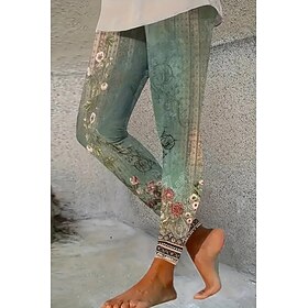Women's Leggings Vacation Vintage Ethnic Style Ankle-Length High Waist Floral Graphic 3D Print Quick Dry Breathability Soft Stretchy Daily Home Outdoor Red Blu
