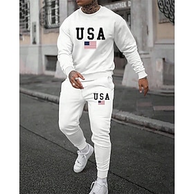 Men's Sweatshirt Tracksuit Outfit Set Crew Neck Outdoor Daily Sports Drawstring Pocket 3D Print American Flag Black / White Black White Polyester Activewear Fa