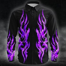 Halloween Men's Flame Neon Glow Shirt Button Up Shirt Long Sleeve Dark Punk Gothic Style Outdoor Holiday Summer Spring Turndown 3D Print Collared Shirts Blue P