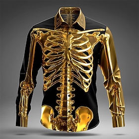 Halloween Men's Metal Finish Skeleton Costumes Shirt Button Up Shirt Long Sleeve Dark Punk Gothic Style Outdoor Holiday Summer Spring Turndown 3D Print Collare