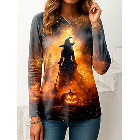 Halloween Women's T shirt Witch Long Sleeve Graphic Pumpkin Vintage Fashion Stylish Long Sleeve Crew Neck Regular Tops Daily Print Pink Blue Orange Green Fall