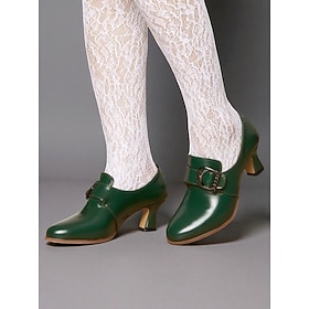 Women's Green Victorian Buckle Heeled Shoes – Retro 1900s Edwardian Style Mid-Heel Pumps with Pointed Toe, Elegant Vintage Footwear for Cosplay, Tea Parties, a