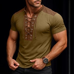 Men's Men T Shirt Tee Short Sleeve Collar V Neck Lace up Print Summer All Seasons Color Block Vintage Fashion Casual Casual Daily Sports Dark Grey Blue Dark Br