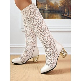 Women's White Lace Mid-Calf Boots with Hollow Carved Gold Heels - Elegant  Style Mesh Dress Boots for  Weddings, Garden Parties and Victorian Cosplay