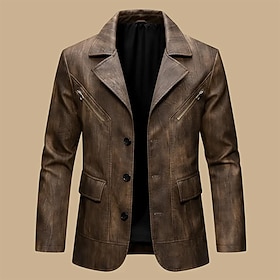 Men's Faux Leather Jacket Faux Leather Blazer Biker Jacket Vacation Daily Windproof Warm Pocket Spring Fall Plain Fashion Classic Lapel Regular Faux Leather Bl