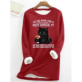 Women's Pullover Sweatshirt Print Cat Letter Casual Comfrt Long Sleeve Crew Neck Regular Tops Street Dailywear Blue Black Pink Red Gray Fall Winter