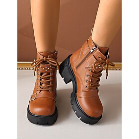 Women's Boots Combat Boots Daily Booties Ankle Boots Lace-up Chunky Heel Round Toe Casual Faux Leather Zipper Light Brown Black Gray