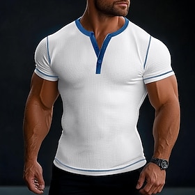Men's Men Waffle Henley Shirt Tee Short Sleeve Henley Buttons Summer All Seasons Solid Color Textured Vintage Sporty Casual Daily Outdoor White Blue Brown Top