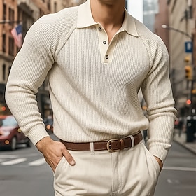 Men's Polo Shirts Rib Knit Top Business Casual Ribbed Polo Collar Long Sleeve Fashion Basic Solid Color Textured Knitting Fall Winter Regular Fit Beige Polo Sh
