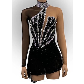 Figure Skating Dress Women's Girls' Ice Skating Dress Black Open Back Asymmetric Hem Mesh High Elasticity Training Competition Skating Wear Classic Crystal / R