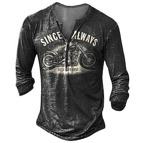 Men's Vintage Motorcycle Long Sleeve Henley Tee - 'Since Always Released 1957' Graphic Print, Distressed Casual Top
