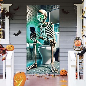 Funny Skeleton Halloween Door Cover for Bathroom Indoor Outdoor – Glow-in-the-Dark Toilet Sitting Skeleton Curtain for Spooky Party Decoration