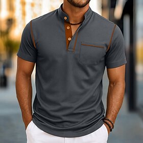 Men's Henley Shirt Tee Short Sleeve Stand Collar Henley Summer Spring Fall Solid Color Plain Casual Smart Casual Pocket Buttons Outdoor Casual Daily Black Gr