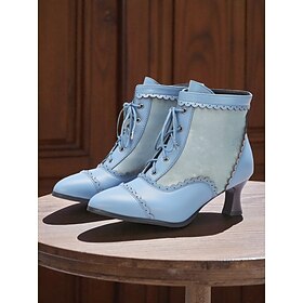 Women's 1920s Light Blue Victorian Lace-Up Ankle Boots – Scalloped Edge Brogue Heels with Two-Tone Design, Edwardian Vintage Style for Retro Costumes, Cosplay,