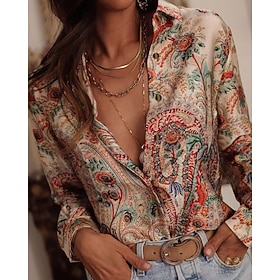 Women's Shirt Pocket Buttons Print Floral Bohemia Stylish Modern Long Sleeve Shirt Collar Regular Tops Daily Holiday Pink Red Orange Green Spring Fall