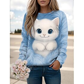 Women's Pullover Sweatshirt Print Graphic Animal Cat Casual Long Sleeve Crew Neck Regular Tops Casual Street Holiday Blue Pink Purple Green Spring Fall Winter