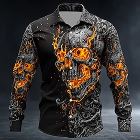 Halloween Men's Skull Floral Print Flame Shirt Button Up Shirt Long Sleeve Dark Punk Gothic Style Outdoor Holiday Summer Spring Turndown 3D Print Collared Shir