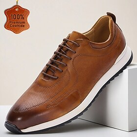 Men's Brown Leather Casual Sneakers – Lightweight Lace-Up Sport Shoes for Daily Wear, Travel and Weekend Outings
