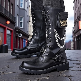 Men's Black Combat Boots - Gothic Punk Lace-Up Motorcycle Style with Chains and Buckles, Urban Streetwear Footwear for City Outfits
