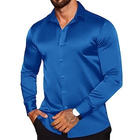 Men's Shirt Silk Like Satin Shirt Casual Shirt Button Up Shirt Plain Formal Wedding Light Blue Black White Wine Long Sleeve Lapel Spring Fall All Seasons Clo