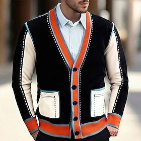Men's Cardigan Sweater Cropped  Sweater Knit Sweater Ribbed Knit Regular Tops Pocket Buttons Color Block V Neck Fashion Classic Vacation Daily Wear Clothing Ap