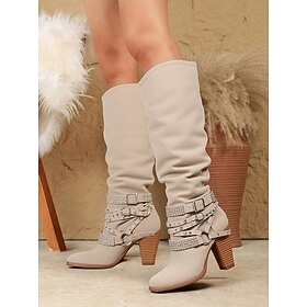 Women's Beige Slouchy Knee-High Boots with Buckle and Stud Accents, Vintage Western Style for Fall and Winter Casual Wear
