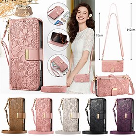 Phone Case For iPhone 16 15 14 Pro Max Plus 16e 13 Pro Max Wallet Case Flip Cover Zipper with Lanyard with Wrist Strap Tree Flower Floral TPU PU Leather