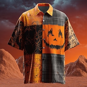 Halloween Men's Color Block Pumpkin Patchwork Shirt Summer Shirt Button Up Shirt Short Sleeve Dark Gothic Style Holiday Streetwear Summer Spring Turndown 3D Pr