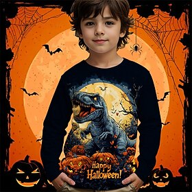 Halloween Boys' 3D Cartoon Pumpkin Dinosaur T shirt Tee Long Sleeve Spring Fall Fashion Basic Kids 4-12 Years Crew Neck Outdoor Casual Daily Regular Fit