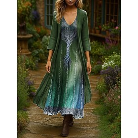 Women's Dress Set Maxi Dress A Line Dress Summer Dress Vacation Boho Ombre Graphic Layered Print Maxi Dress 3/4 Length Sleeve V Neck Outdoor Daily Blue Purple