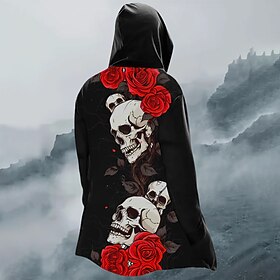 Halloween Men's Cool Skulls Rose Winter Coat Fleece Jacket Coat Thermal Warm Comfortable Casual Daily Wear Zipper Pocket 3D Print Fall Winter Hooded Long Sleev