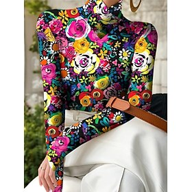 Women's Tunic Floral Graphic Plants Elegant Vintage Stylish Long Sleeve High Neck Asymmetric Neck Regular Tops Daily Black and White Fuchsia Orange Spring Fall