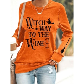 Halloween Women's Pullover Sweatshirt Witch Graphic Letter Casual Long Sleeve Crew Neck Round Neck Regular Tops Street Casual Holiday Print Black Orange Gray S