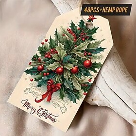 48PCS Vintage Christmas Gift Tags with Twine, Elegant Holiday Decorations for Home, Friends, and Office Gift Exchange, Classic Rustic Style for Christmas Wrapp