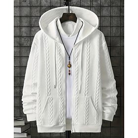 Men's Hoodie Full Zip Hoodie Black White Hooded Plain Jacquard Pocket Ribbed Textured Sports Outdoor Daily Holiday Polyester Streetwear Basic Casual Spring Fa