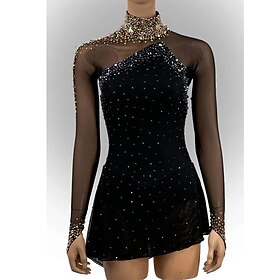 Figure Skating Dress Women's Girls' Ice Skating Dress Black Open Back Asymmetric Hem Mesh High Elasticity Training Competition Skating Wear Classic Crystal / R