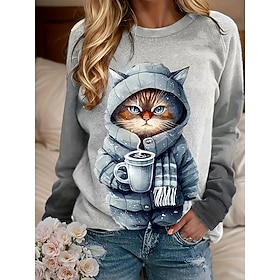 Women's Pullover Sweatshirt Patchwork Print Graphic Animal Cat Warm Active Vintage Long Sleeve Crew Neck Regular Tops Casual Street Dailywear Khaki Gray Spring