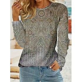 Women's T shirt Crew Neck Long Sleeve Tunic Floral Graphic Cat Vintage Stylish Classic  Round Neck Regular Tops Daily Weekend Print White Yellow Pink Blue Khak