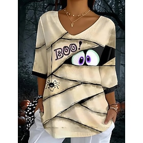 Halloween Women's Blouse Graphic Halloween Daily Casual Half Sleeve V Neck Regular Tops Daily Holiday Print Khaki Summer Spring Fall